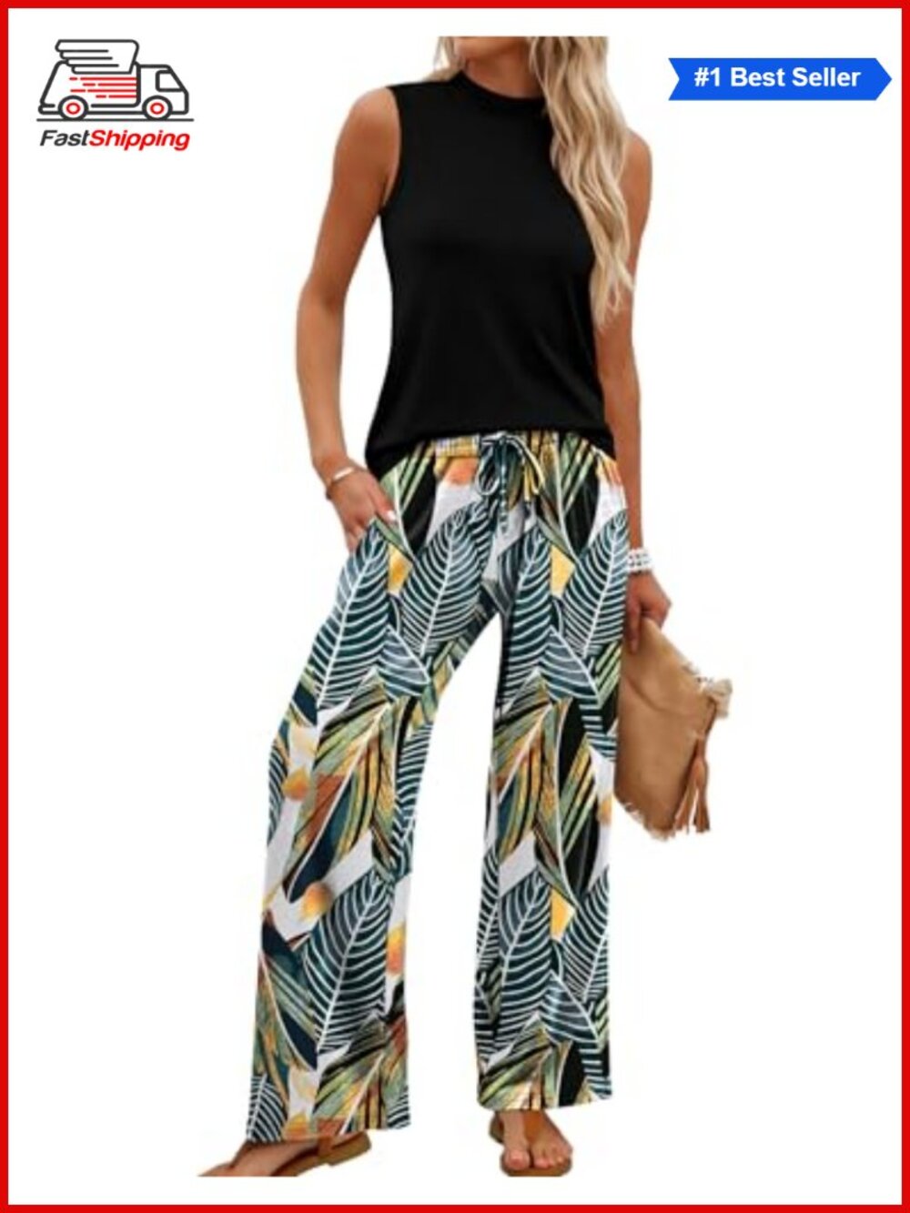 ✨WIHOLL Two Piece Set Women Mock Neck Sleeveless Top Wide Leg Pants Vacation